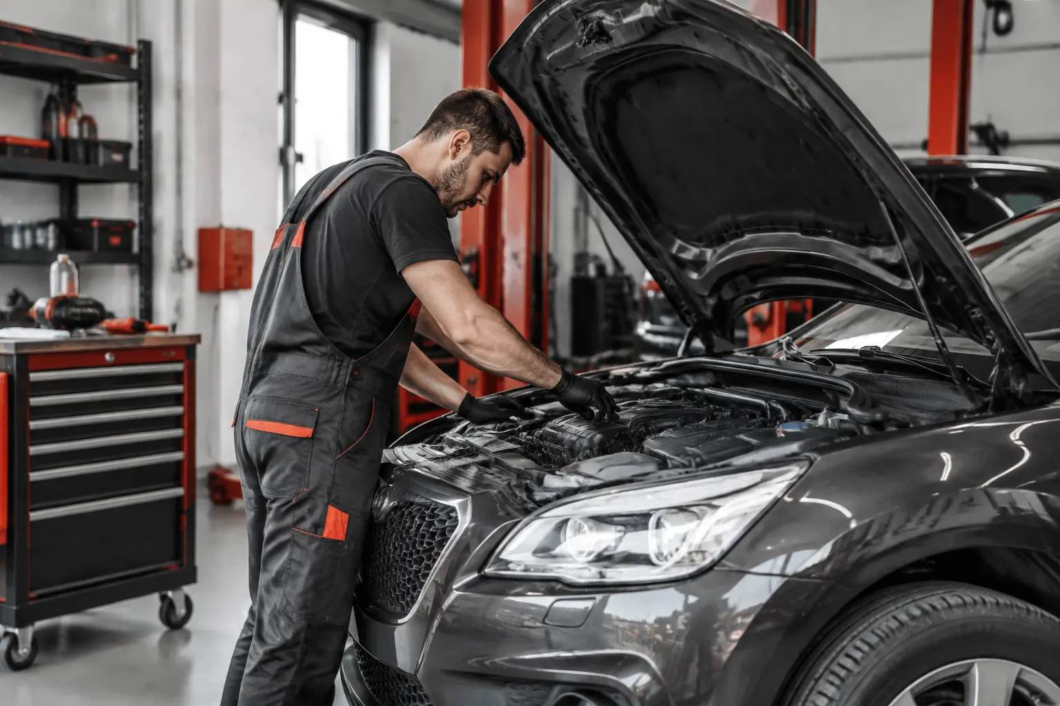 Fotografía realista de un automóvil en reparación dentro de un taller mecánico ordenado, con un técnico revisando el vehíc...
