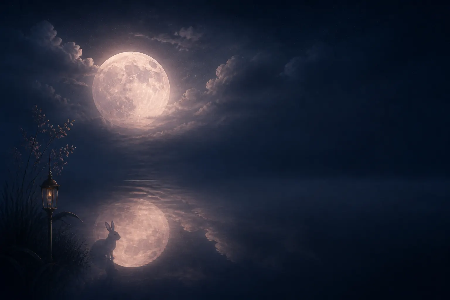 Luna perlada entre nubes suaves con un reflejo apenas visible de un conejo elegante.