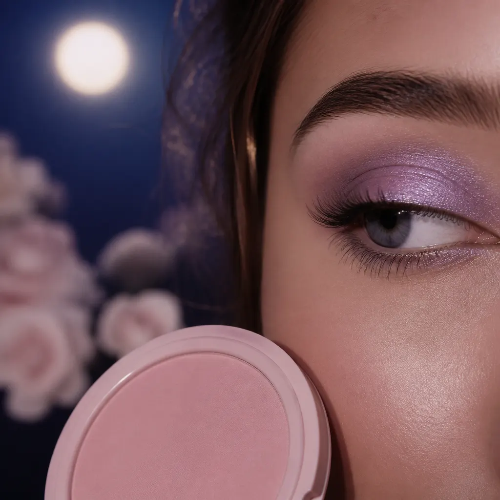 Detalle de ojos con sombra lavanda y glitter fino junto a una compacta rosada sin marca.