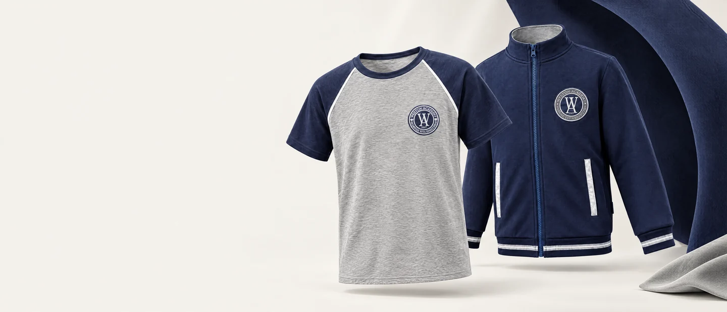 Polera gris y azul y chaqueta azul de Weston Academy