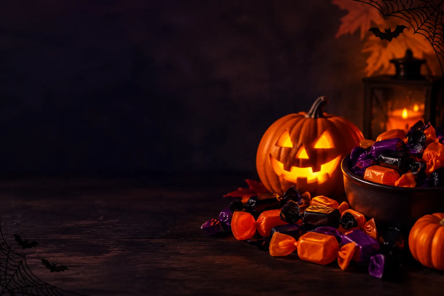 Caramelos de colores en envoltorios lisos junto a una calabaza iluminada sobre un fondo oscuro.