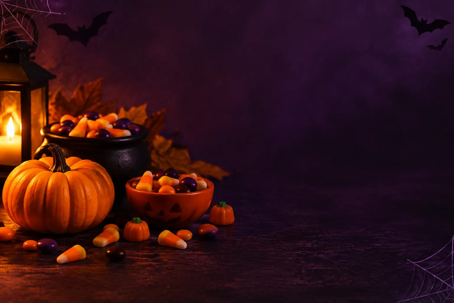 Una calabaza iluminada junto a caramelos variados sobre un fondo morado oscuro.