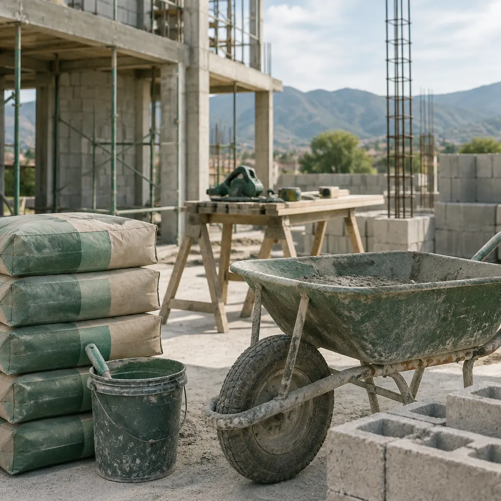Fotografía de una obra en construcción con materiales y herramientas, bajo luz natural.