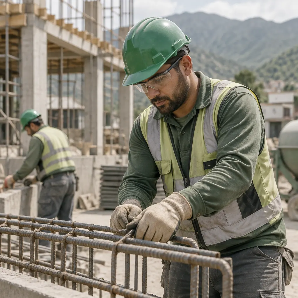 Fotografía de trabajadores de la construcción con casco y elementos de seguridad en una obra.