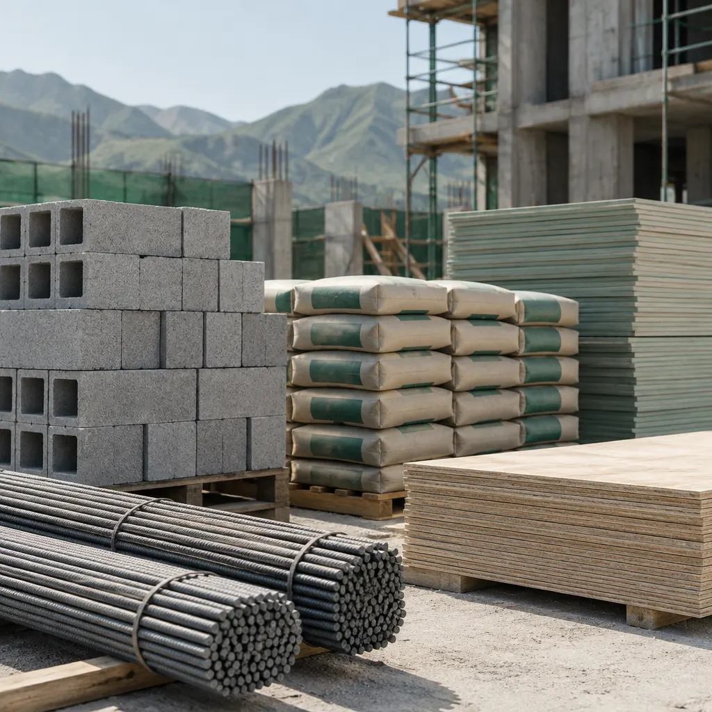 Fotografía de materiales de construcción ordenados en una faena.