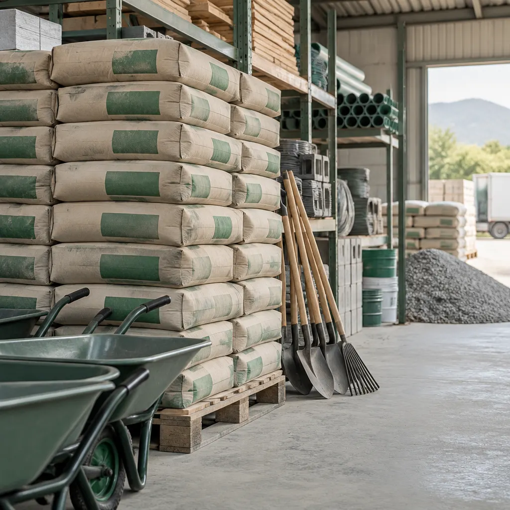 Fotografía de materiales de construcción ordenados en una bodega, con sacos de cemento y herramientas.