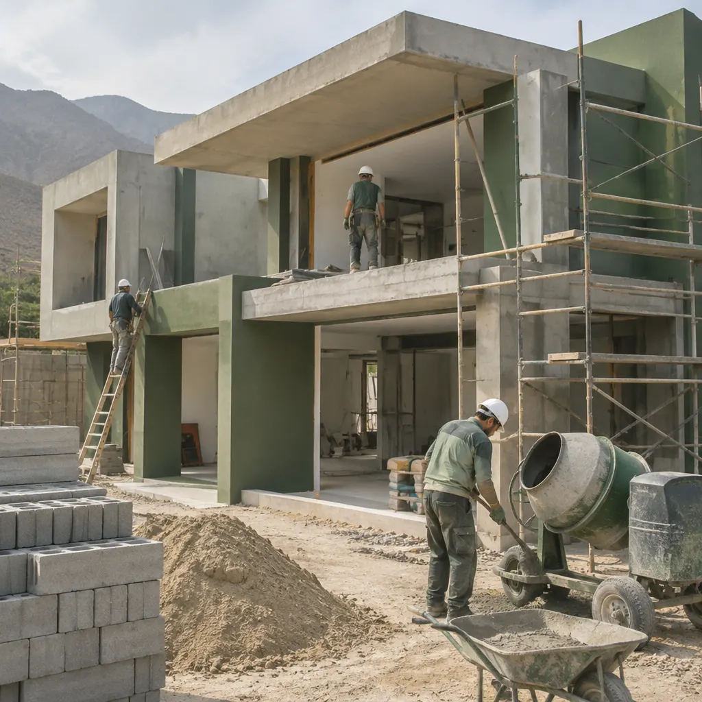 Fotografía de una obra privada residencial en construcción, con estructura y equipo trabajando.