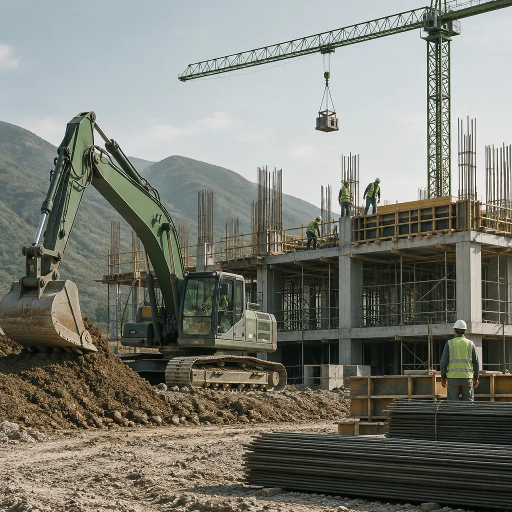Fotografía de una obra de construcción con maquinaria y estructura en avance.