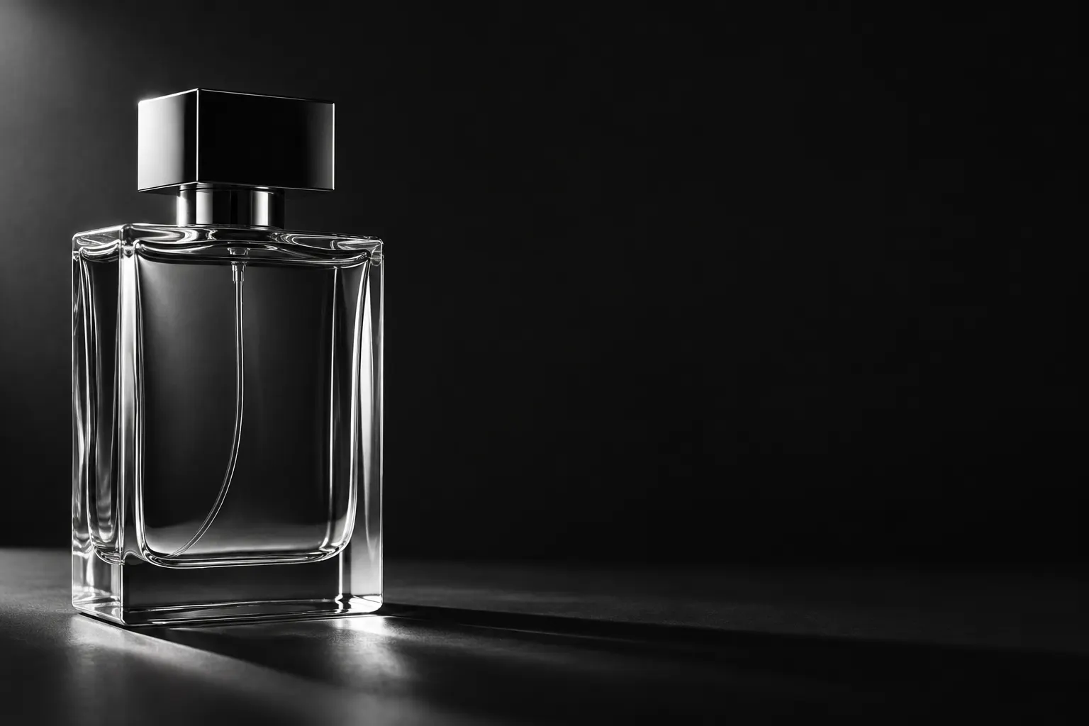 Frasco de perfume transparente y sin etiqueta iluminado sobre fondo negro.