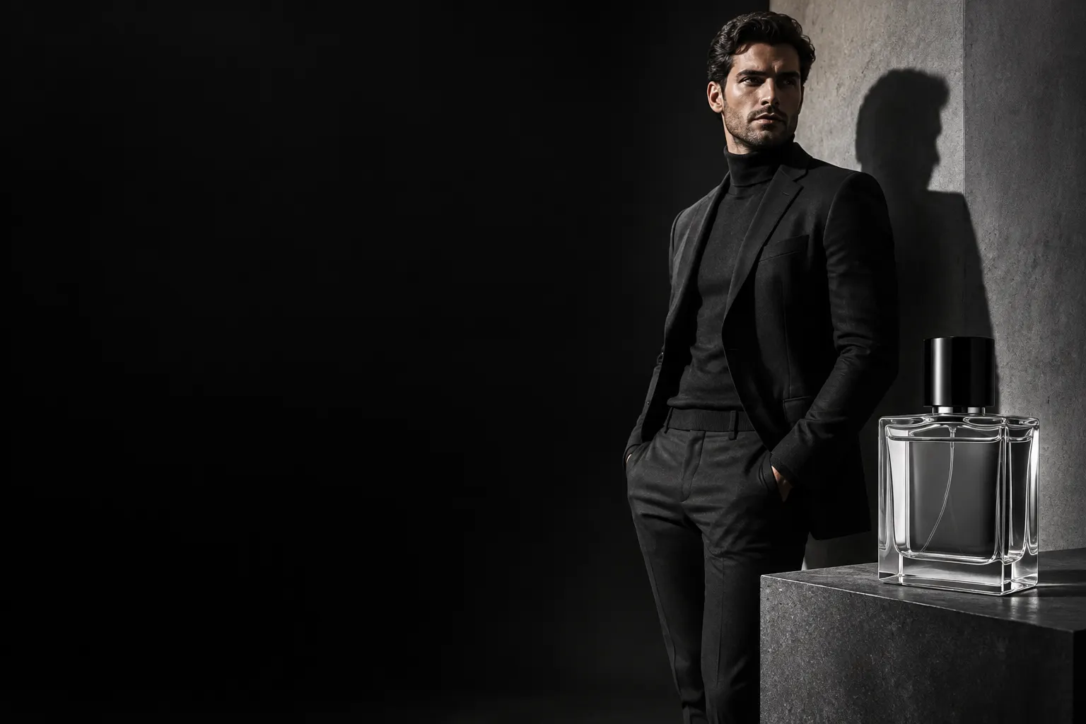 Un hombre vestido de oscuro junto a un frasco de perfume liso, sobre fondo negro.