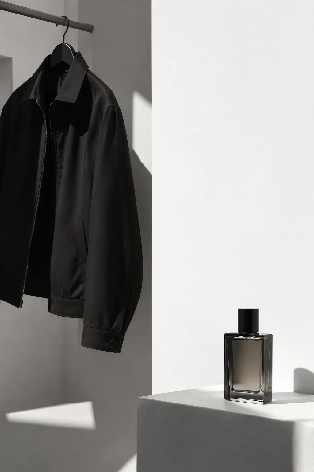 Una chaqueta negra en una percha y un frasco de perfume sin etiqueta, separados sobre fondo claro.