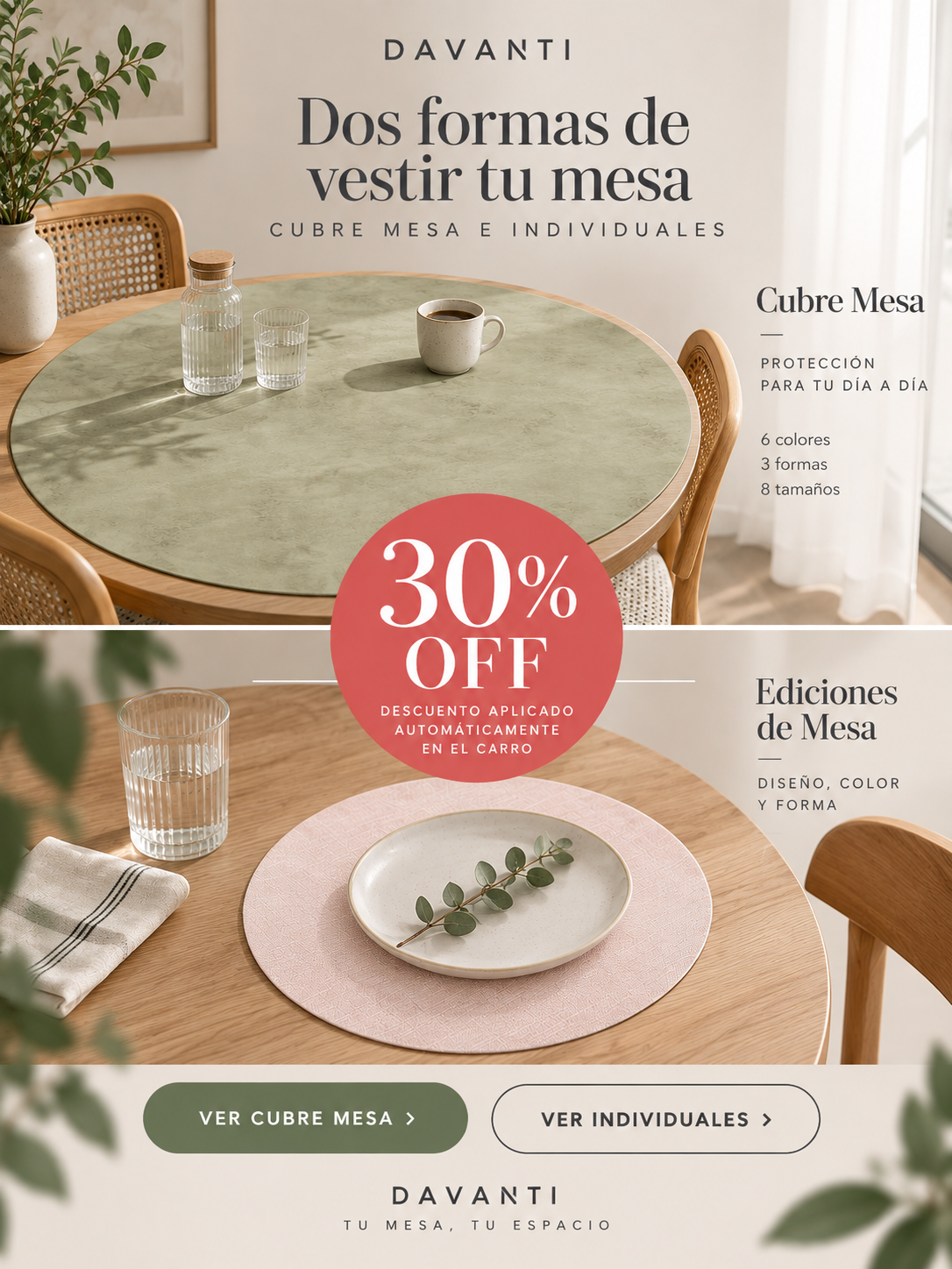 Promoción Davanti - Cubre Mesa e Individuales, 30% OFF