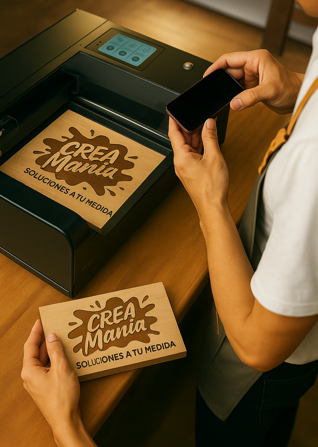 Grabado láser del logo de CreaMania sobre madera