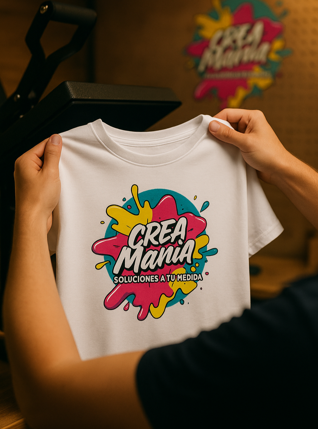Polera recién sublimada con el logo de CreaMania en una plancha de sublimación