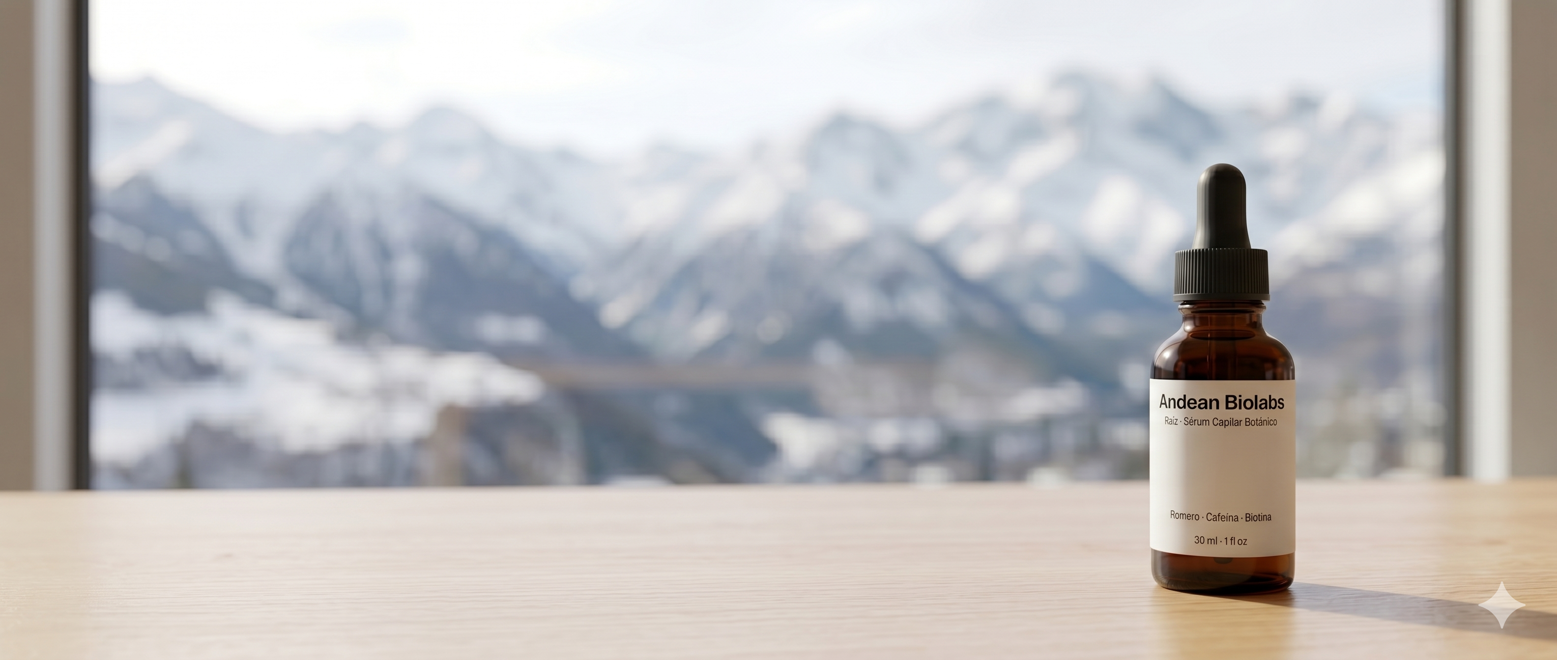 Andean Biolabs Raíz sérum capilar con vista a la Cordillera de los Andes