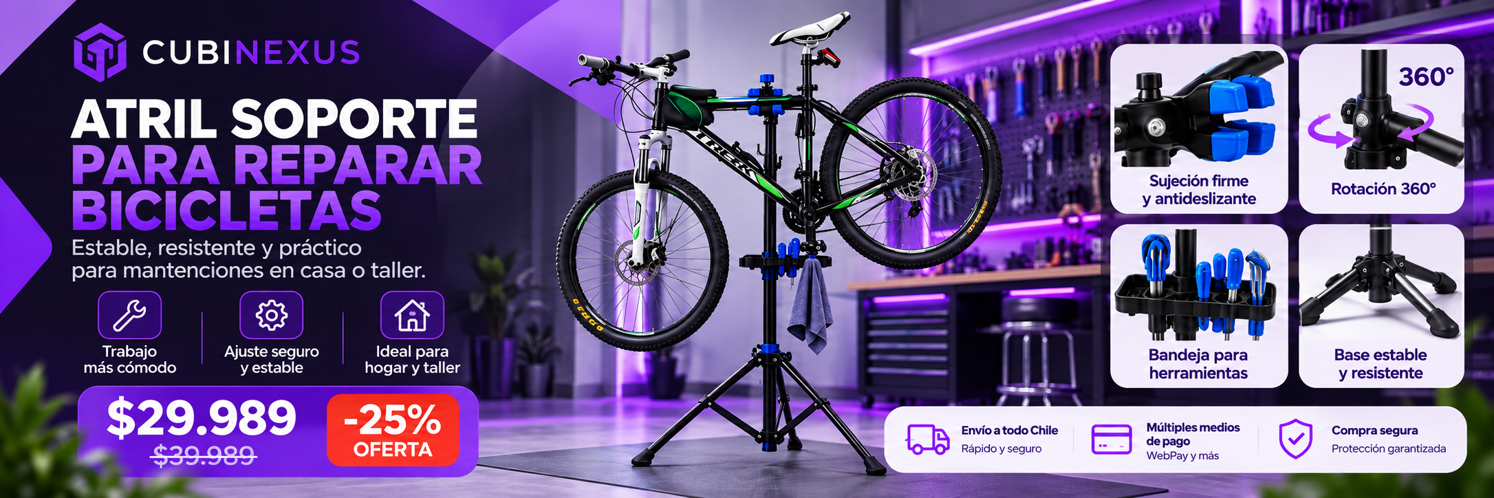 Atril soporte para reparar bicicletas: $29.989, precio anterior $39.989, 25% de oferta. Sujeción firme y antideslizante, rotación 360 grados, bandeja para herramientas y base estable. Envío a todo Chile, múltiples medios de pago y compra segura.