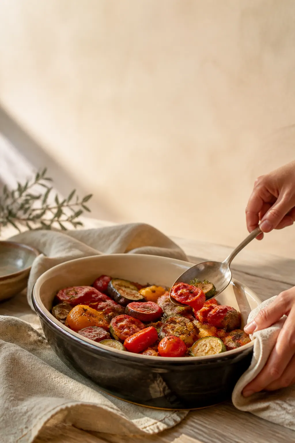 Fuente de gres esmaltado con verduras mediterráneas recién horneadas sobre una mesa de madera clara, con lino crudo y manos sirviendo