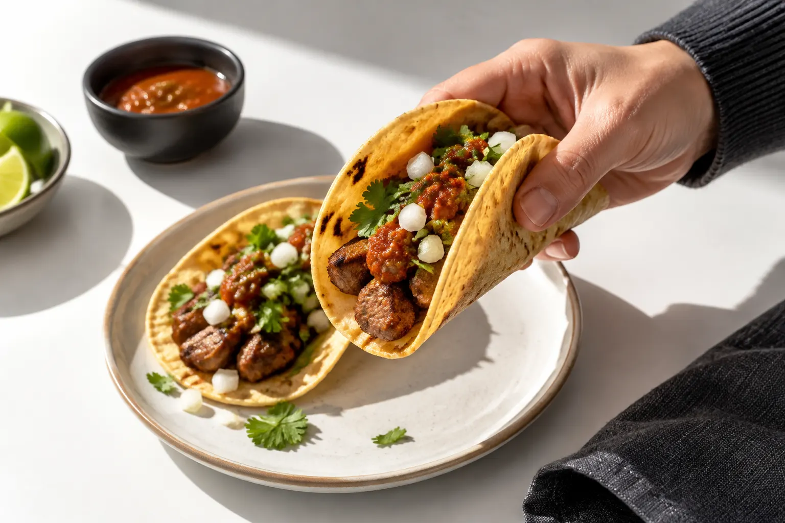 A hand holds a taco above a plain white table.