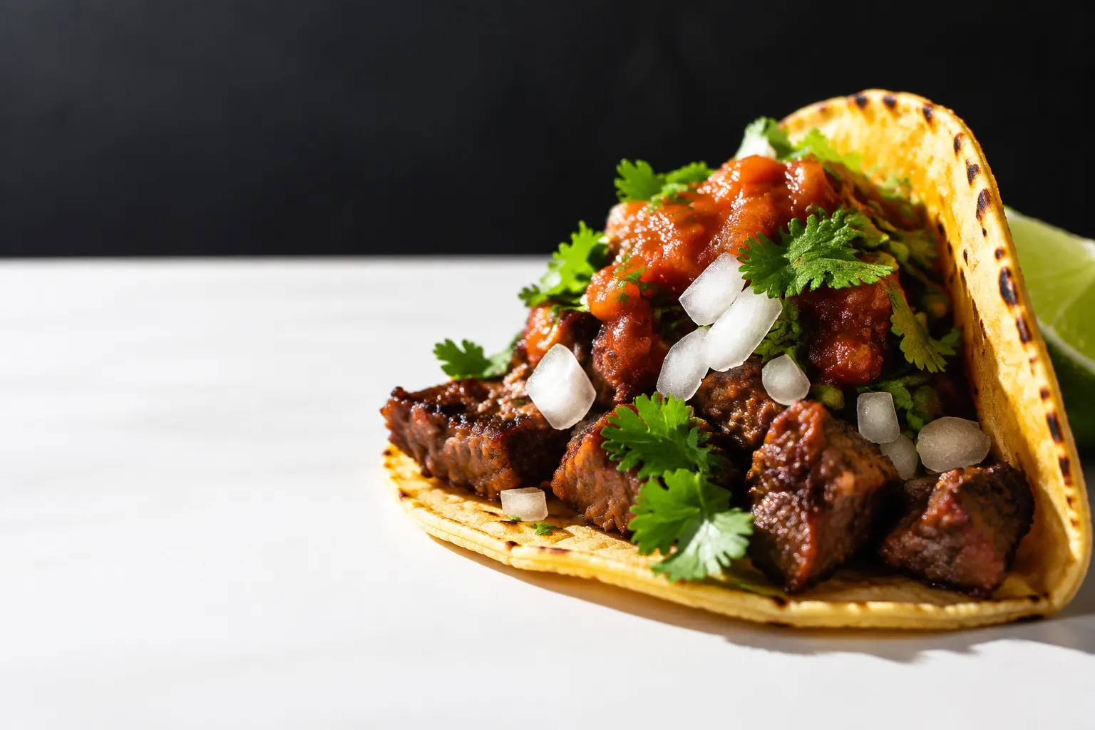 A close-up taco on a white surface, with its crisp tortilla and textured filling in focus.