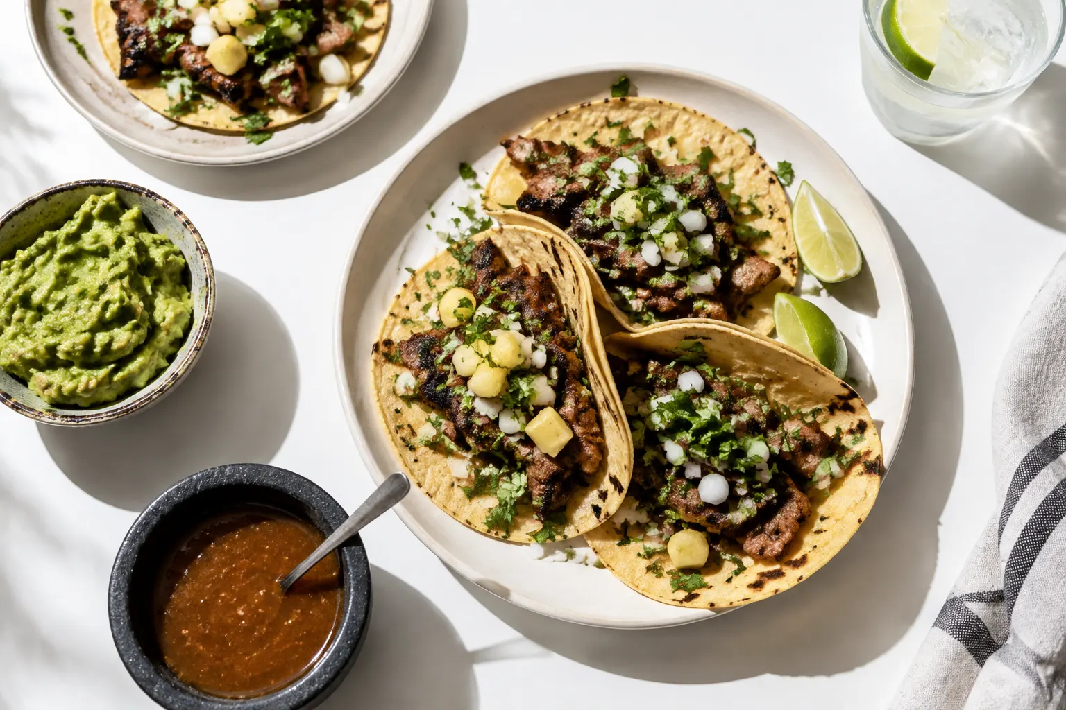 Several tacos arranged on a white table, photographed from above.