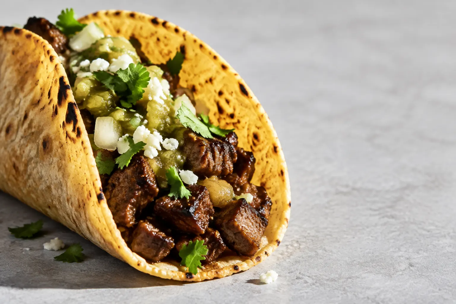 A close view of a taco showing its browned tortilla and textured filling on a pale grey surface.