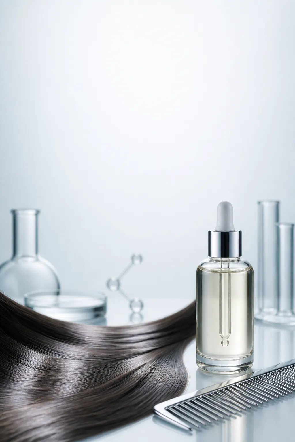Cepillo de cabello, mechón brillante y aceite cosmético sin etiqueta en una composición limpia.