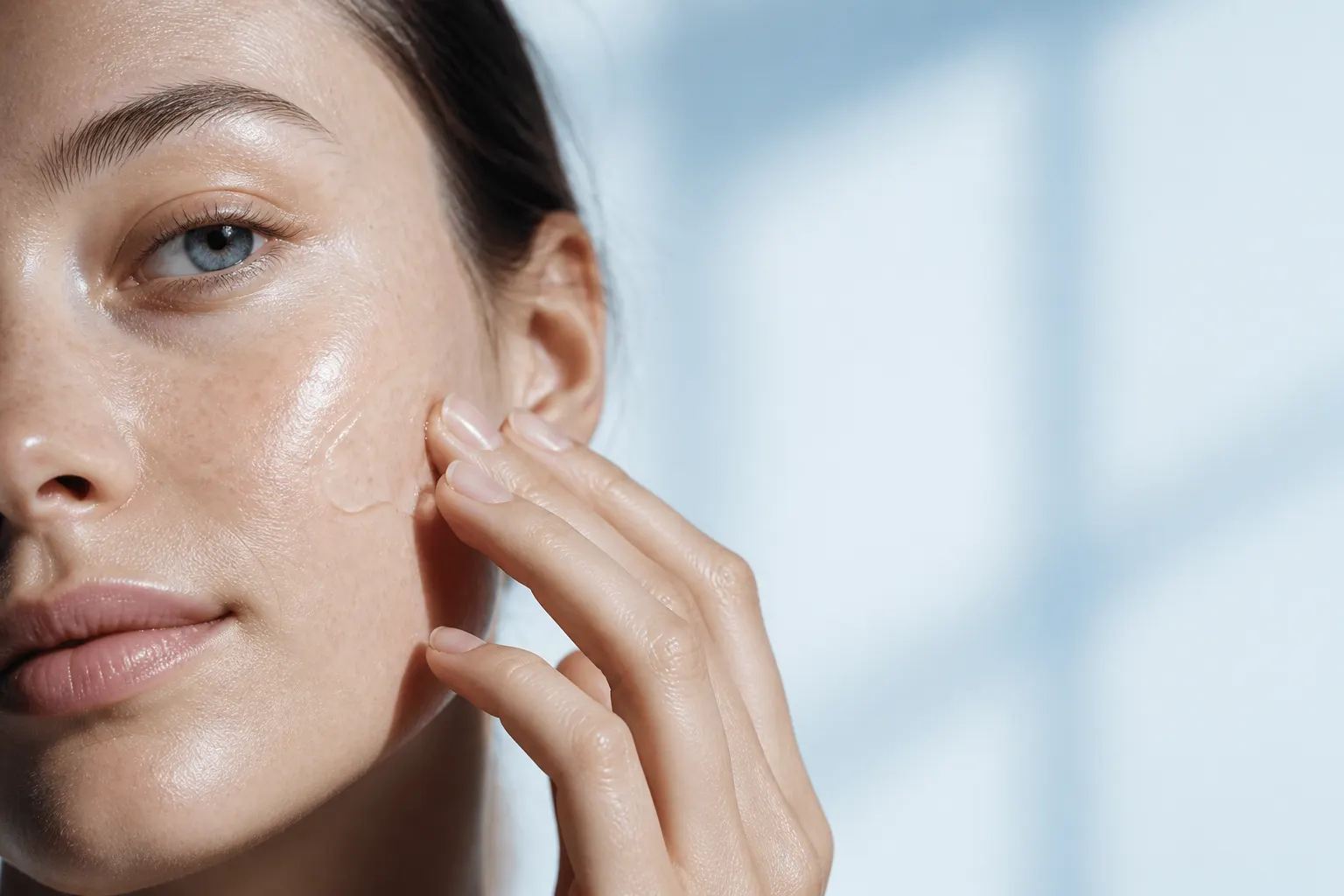 Mano aplicando un tratamiento facial transparente sobre piel real y luminosa.
