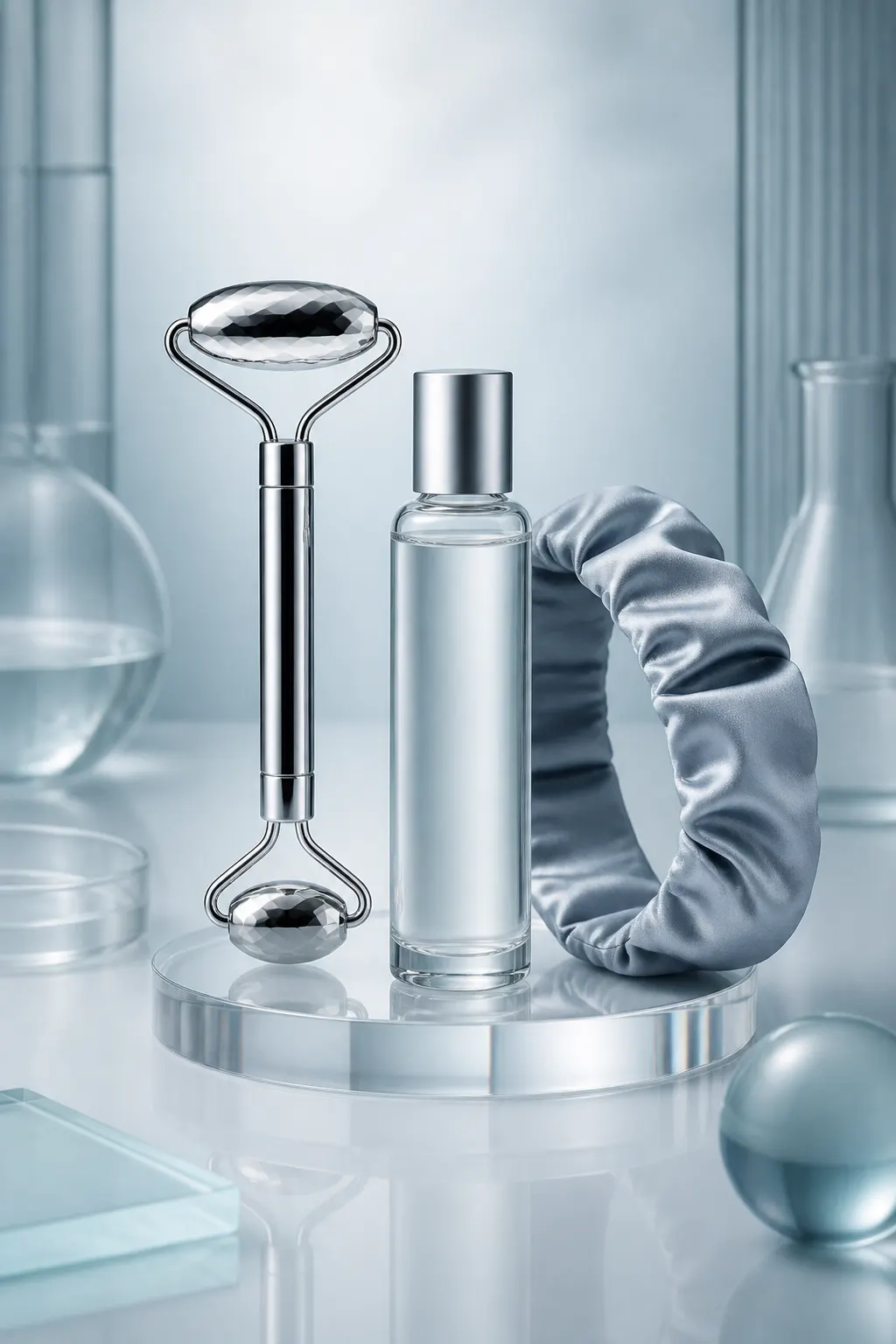 Accesorios de belleza cromados junto a un frasco cosmético de vidrio sin etiqueta.
