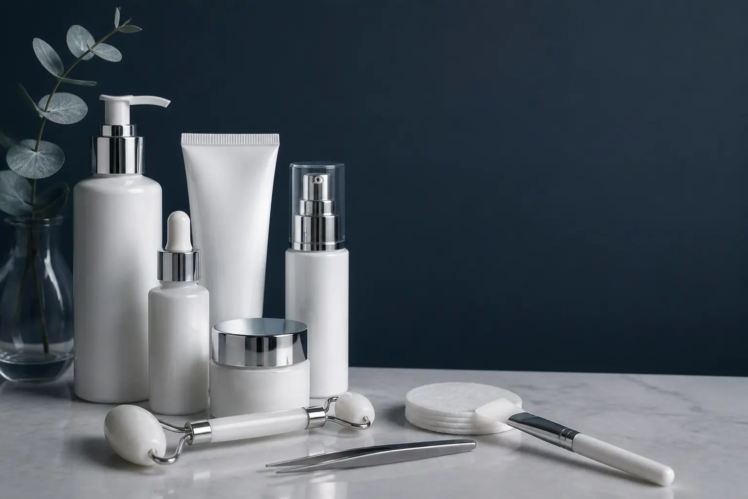 Envases cosméticos sin etiquetas y herramientas de belleza ordenados sobre una mesa clara.