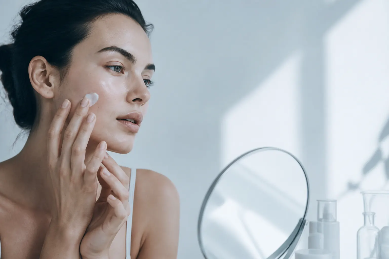 Manos aplicando crema facial frente a un espejo en una rutina luminosa.