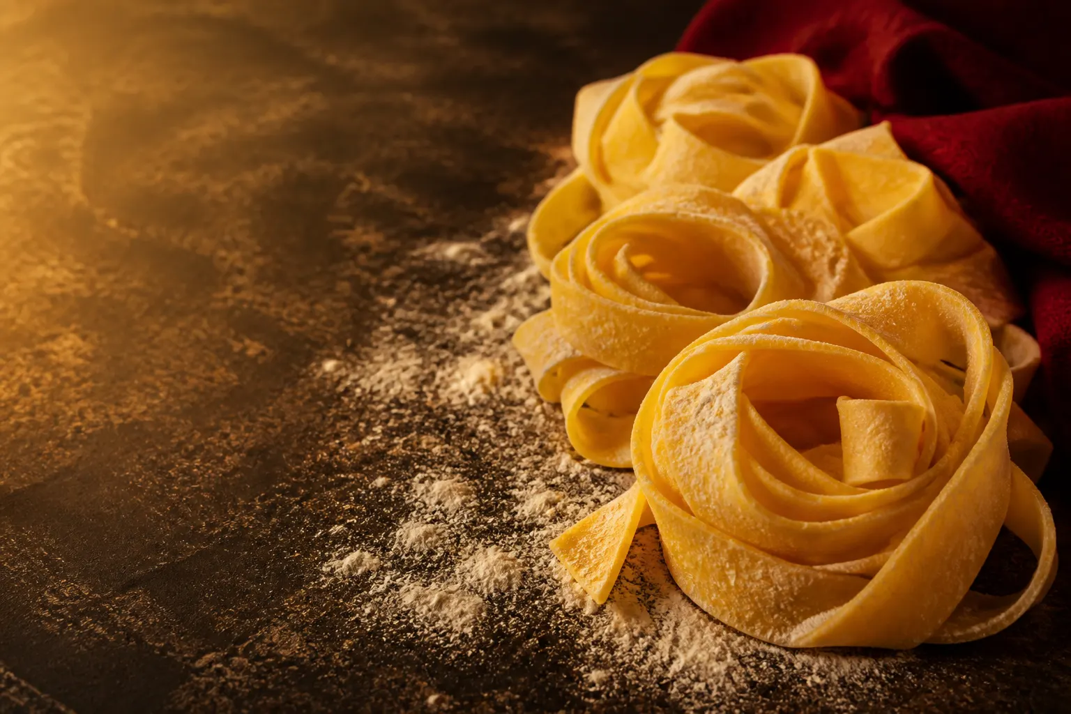Primer plano de cintas de pasta fresca enrolladas sobre una mesa oscura con harina.