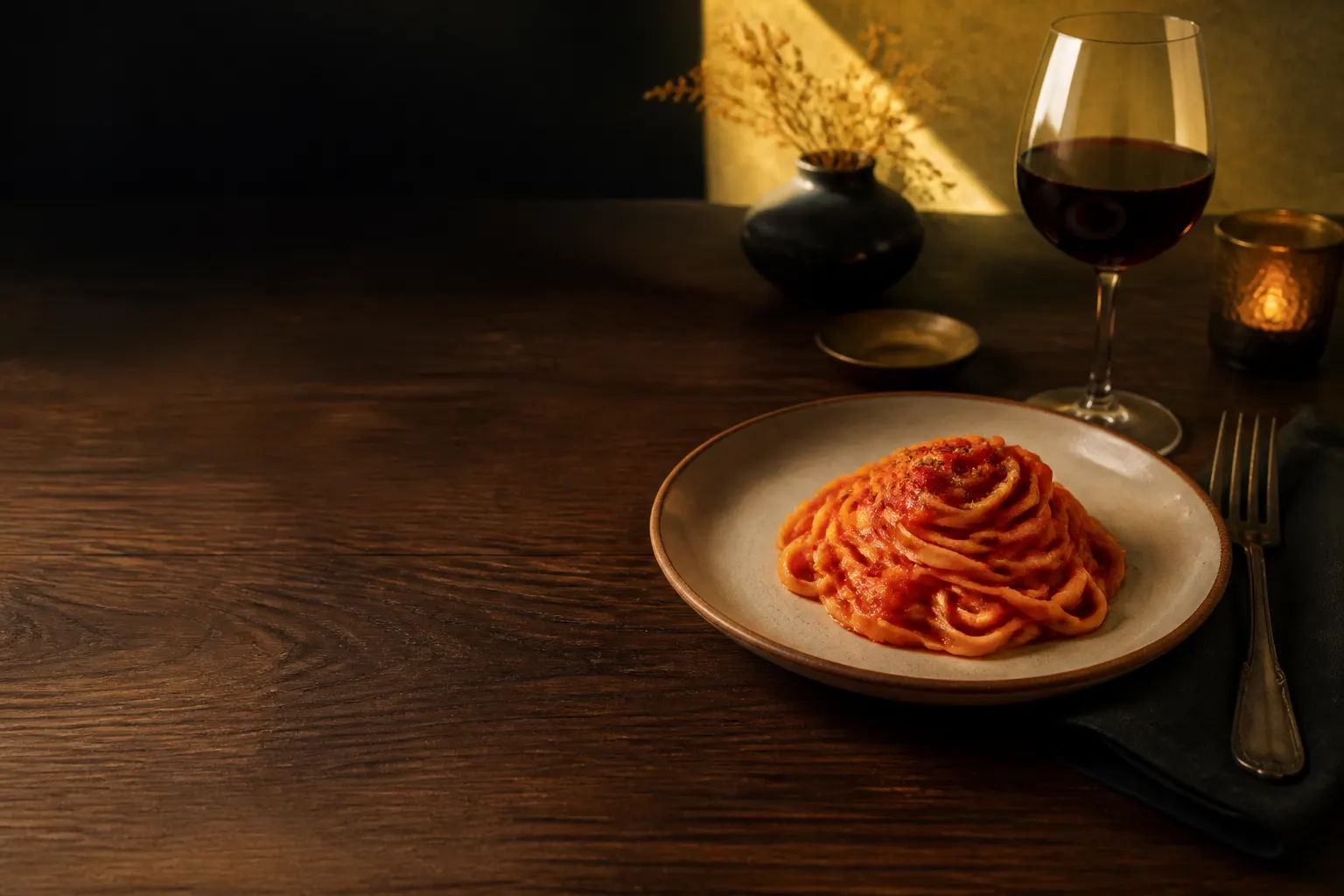 Plato de pasta recién servida con salsa roja y una copa sobre una mesa íntima.