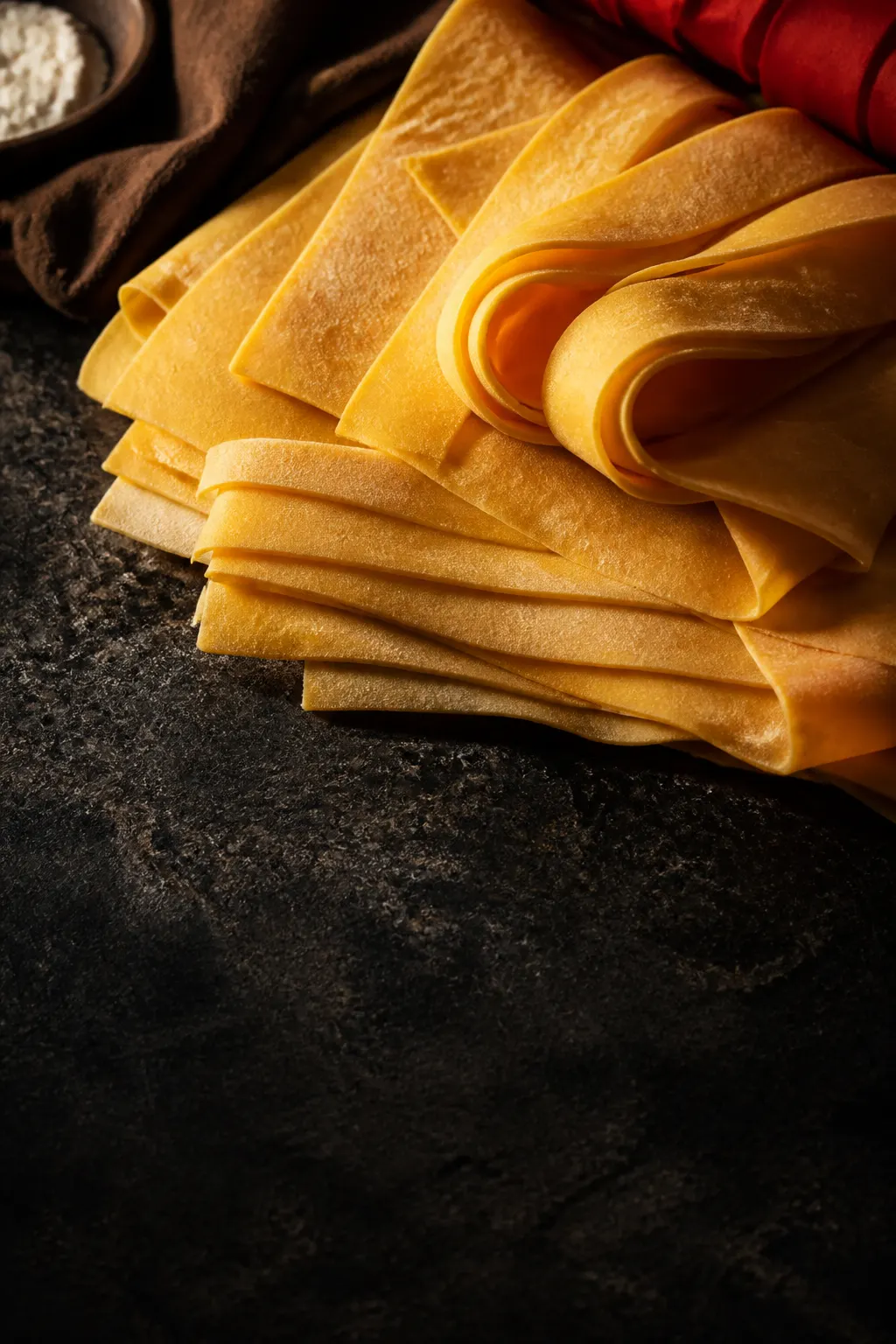 Láminas anchas de pasta fresca apiladas y enrolladas sobre piedra oscura.