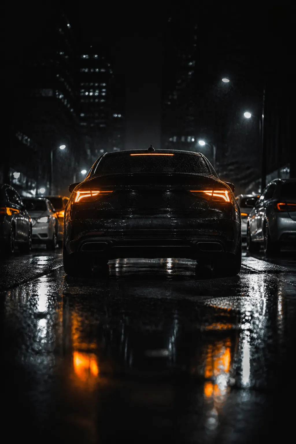 Automóvil oscuro bajo la lluvia en tráfico urbano nocturno, visto desde un ángulo bajo.