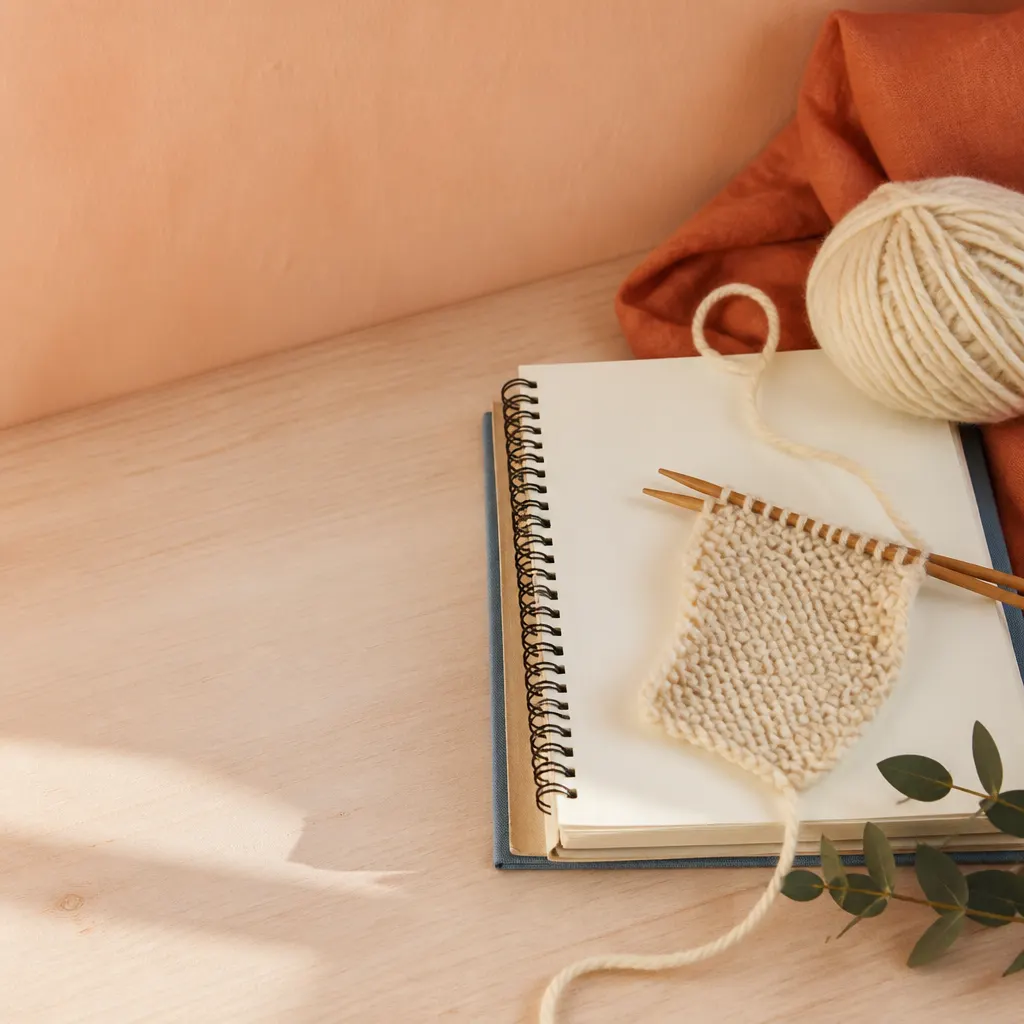 Cuaderno de taller con lana, agujas y una primera muestra de tejido sobre fondo durazno claro.
