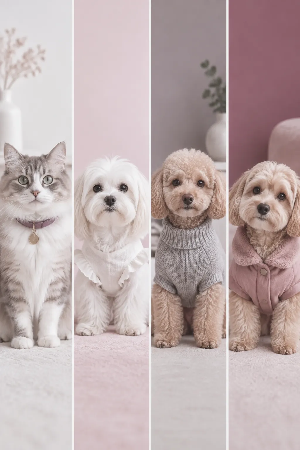Gato y tres perros pequeños lucen accesorios y prendas refinadas en cuatro paneles verticales.