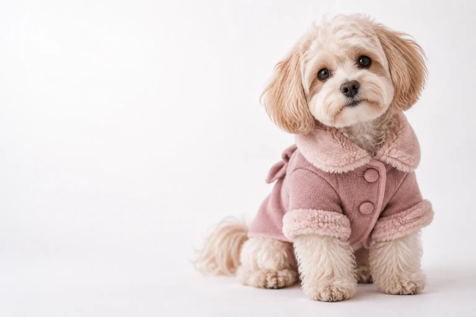 Maltipoo pequeño con abrigo rosa empolvado sobre fondo blanco, encuadrado a la derecha.