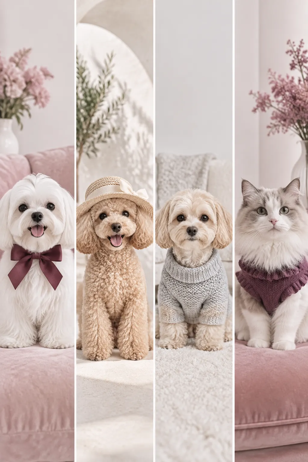 Cuatro mascotas pequeñas con prendas y accesorios refinados en un lookbook vertical de paletas estacionales.