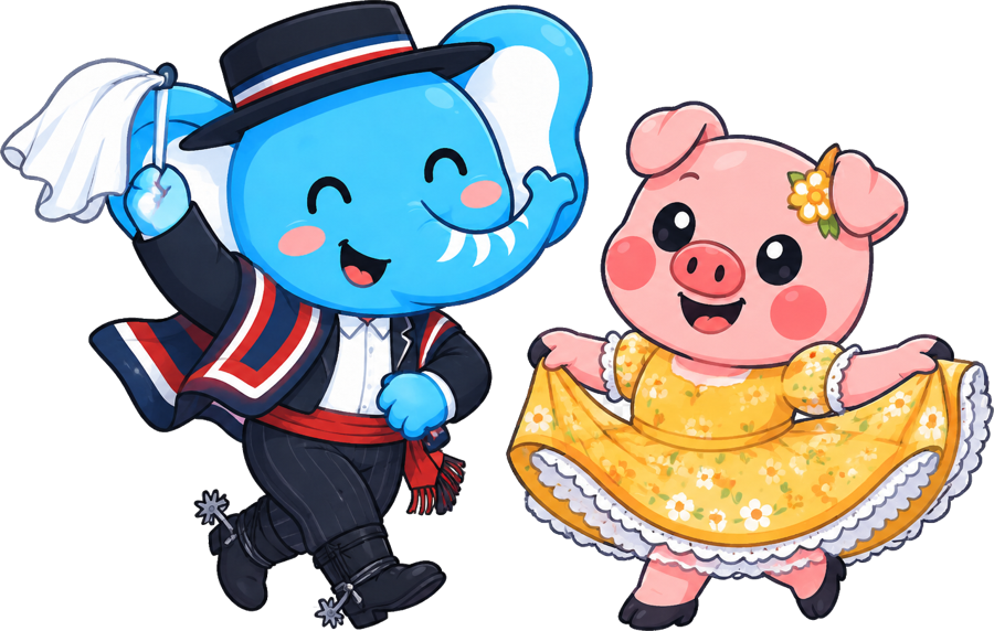 Elefante huaso y cerdita china bailando cueca - Pigyfante Fiestas Patrias