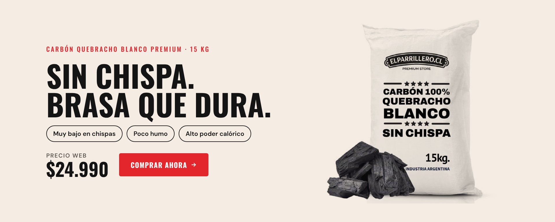 Carbón Quebracho Blanco Premium 15 kg sin chispa, $24.990