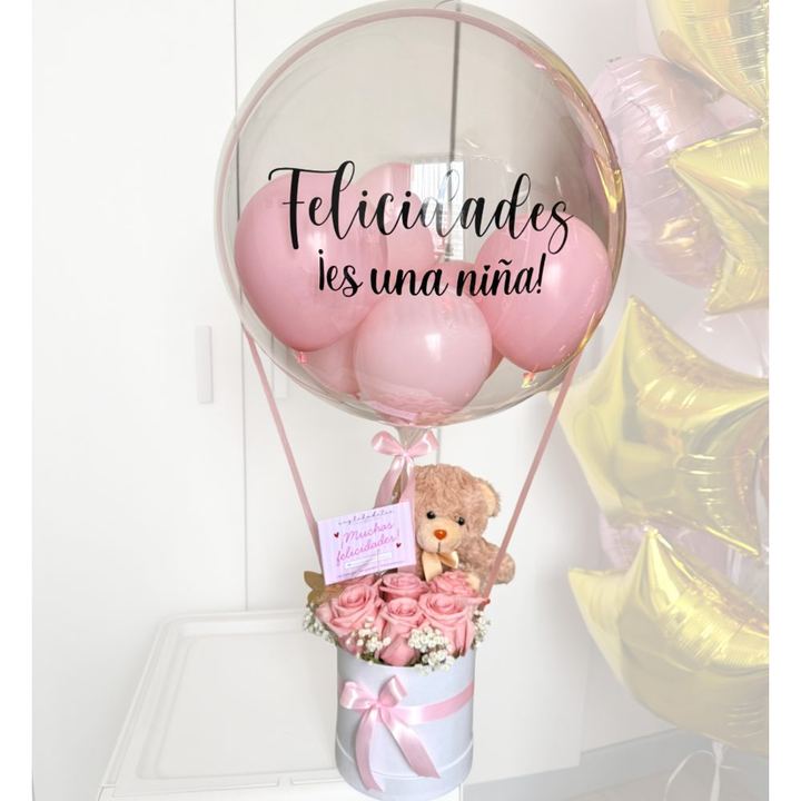 Globo aerostático rosado con osito, rosas y mensaje de felicidades
