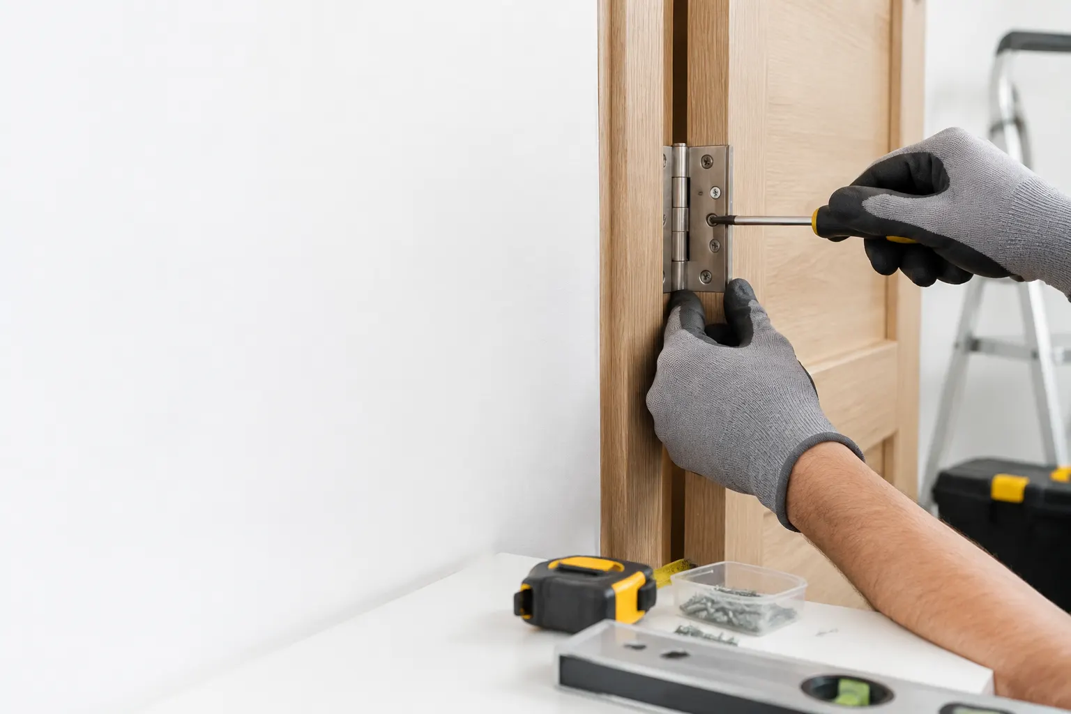 Manos con guantes ajustan una bisagra en una pieza de madera con un destornillador.