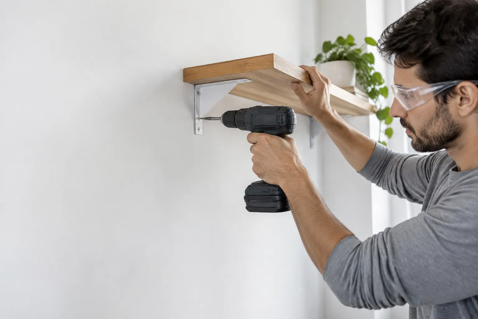 Una persona con gafas de protección taladra la pared para instalar una repisa de madera.
