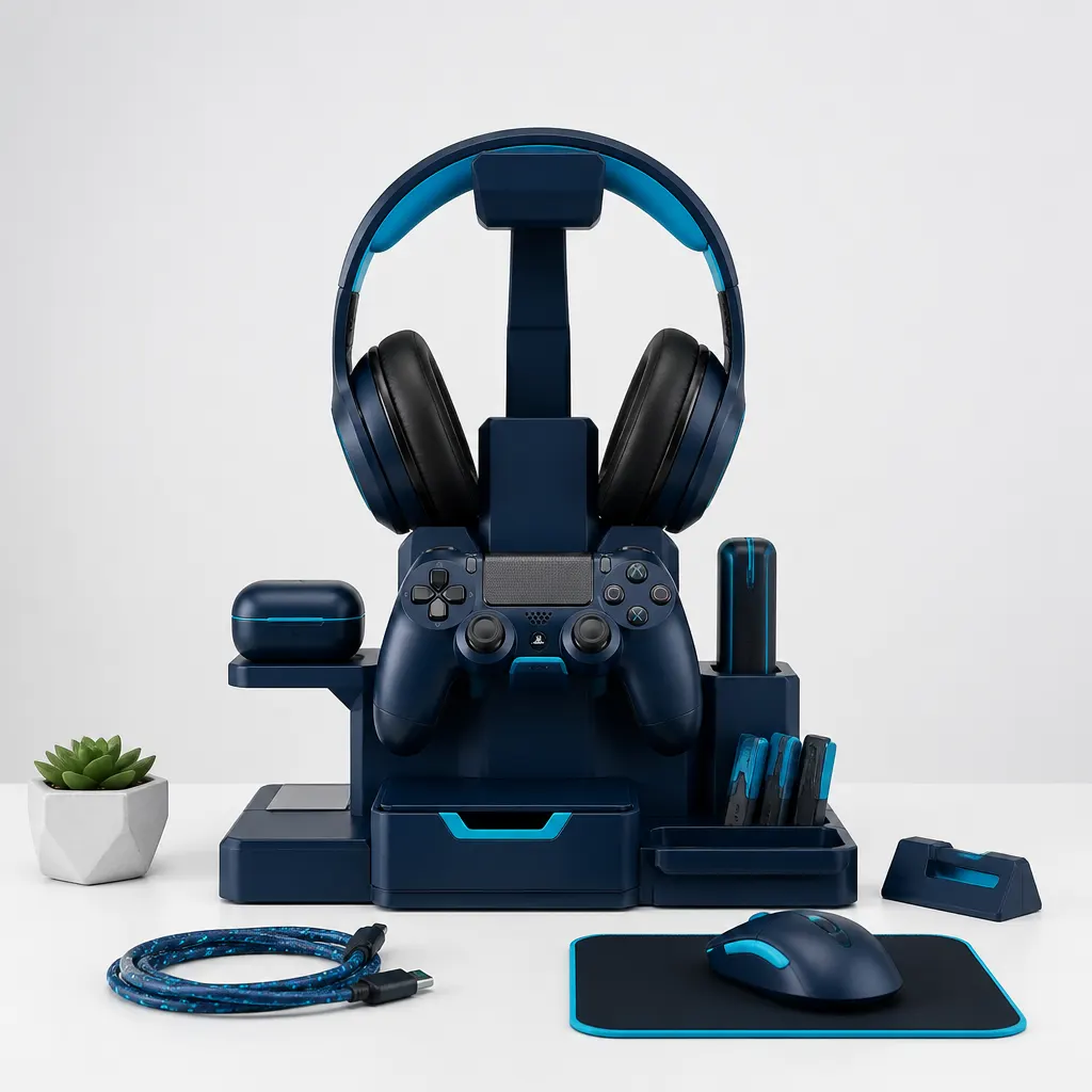 Soporte gamer azul marino con mando y pequeños accesorios organizados sobre un escritorio claro.