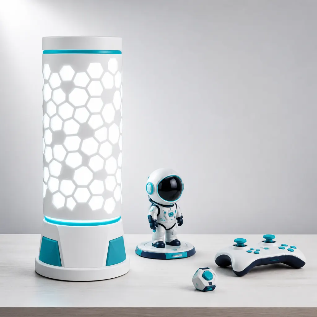 Lámpara decorativa blanca con detalles cian junto a una figura de colección y un accesorio gamer.