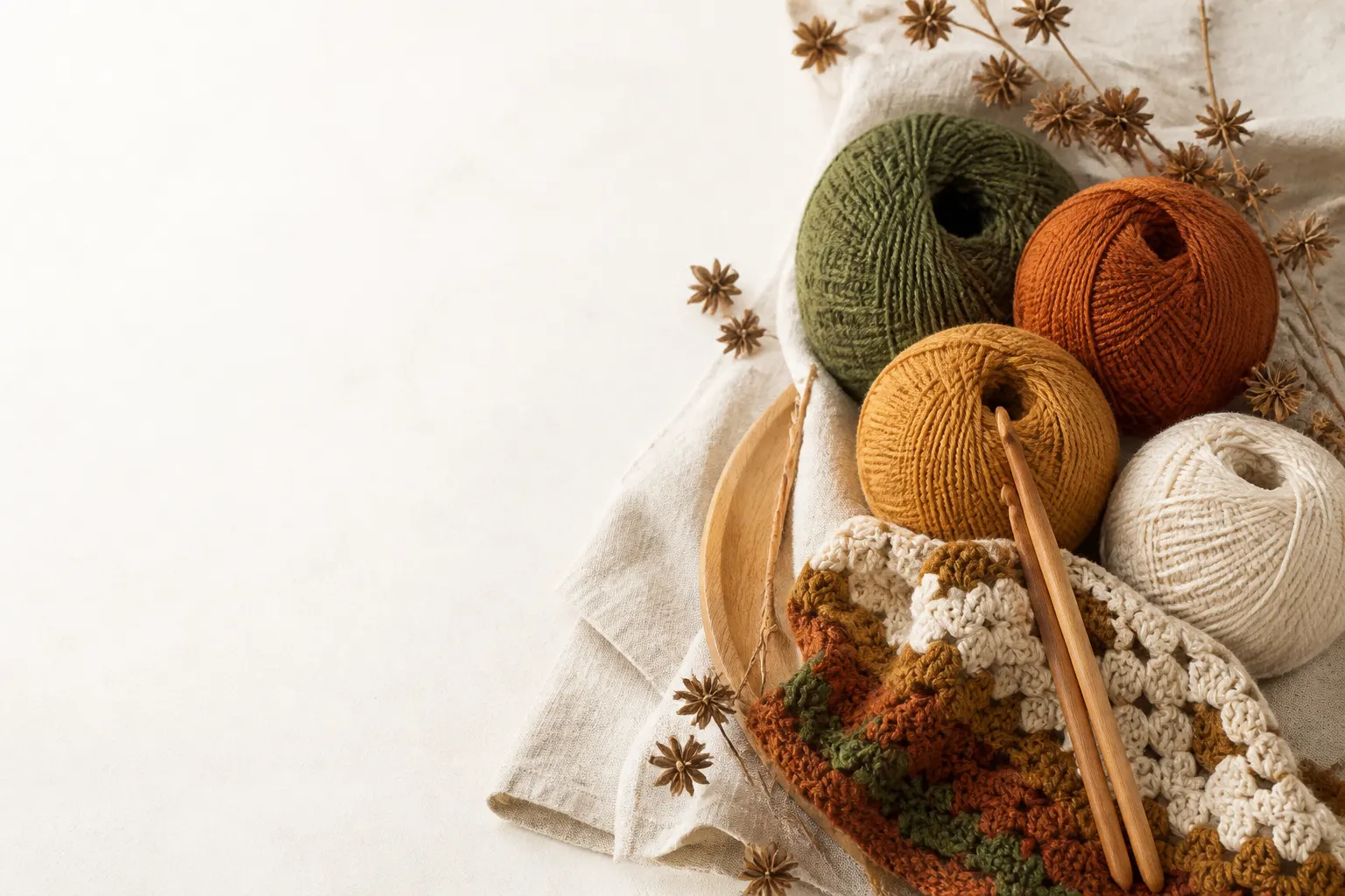 Novelos de lã em tons naturais, uma peça de crochet em andamento e ramos secos de anis sobre linho cru.