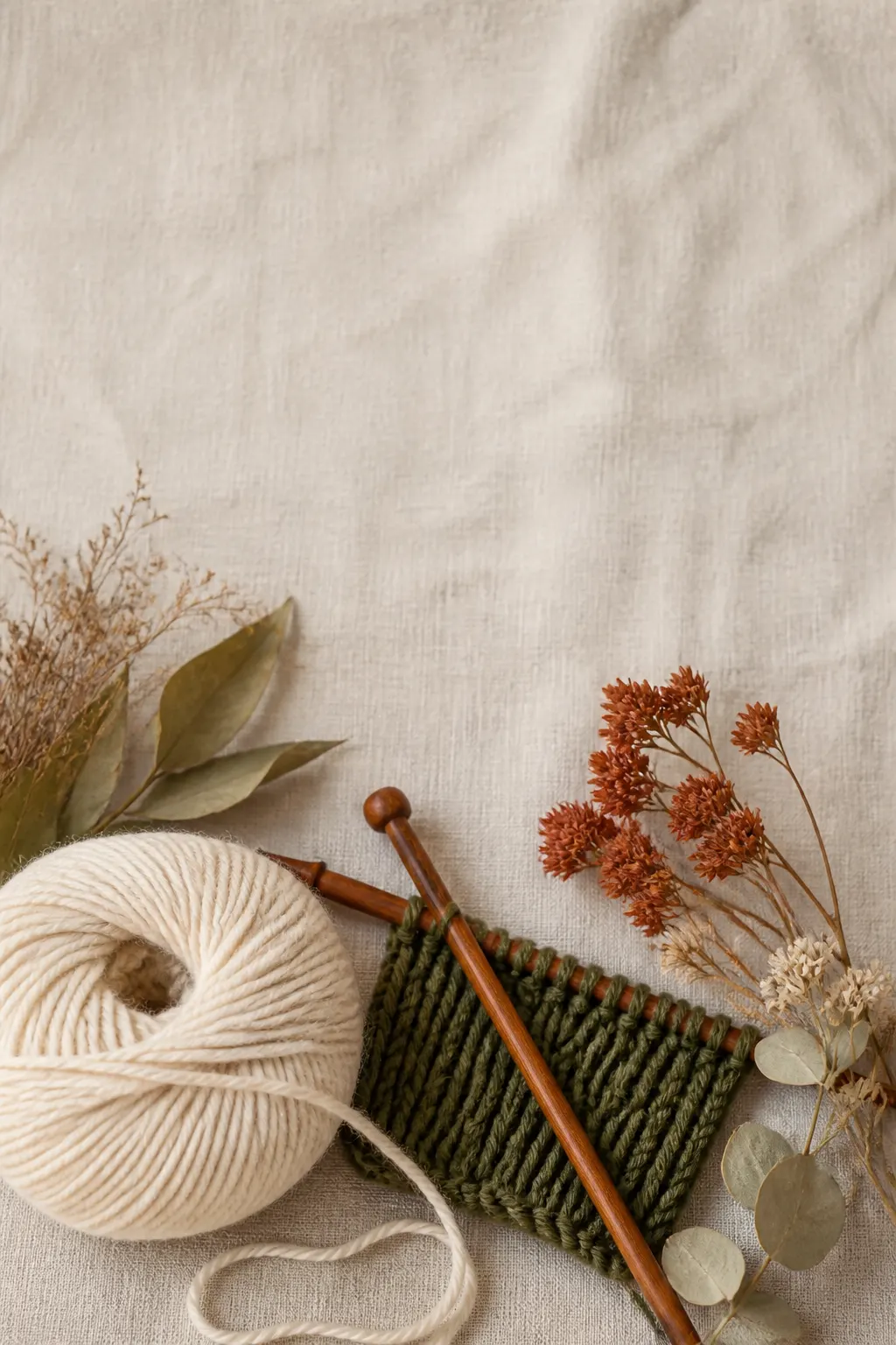 Novelo creme, amostra de ponto verde-musgo e flores secas sobre tecido natural.