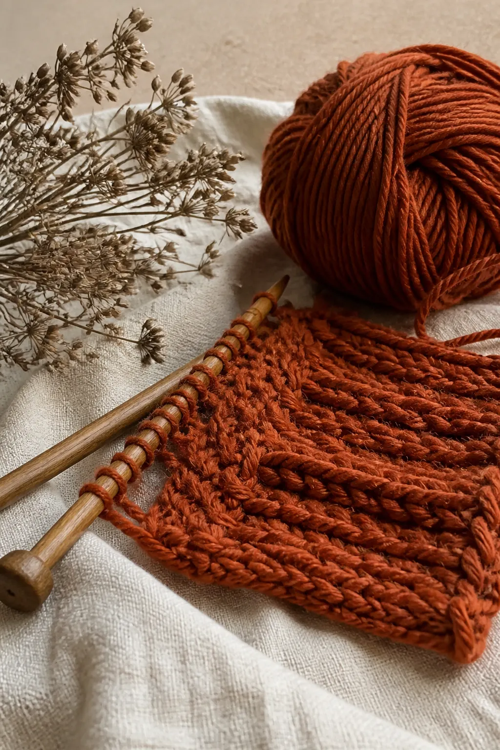 Novelo terracota, amostra de tricot e ramos secos de anis sobre linho cru.