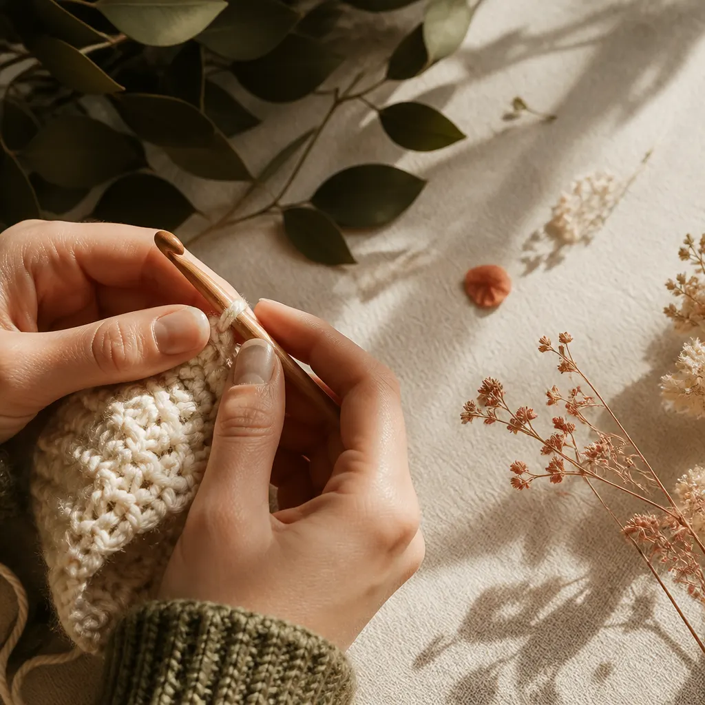 Mãos anónimas a fazer crochet com fio creme sobre linho cru, acompanhadas por folhas secas.