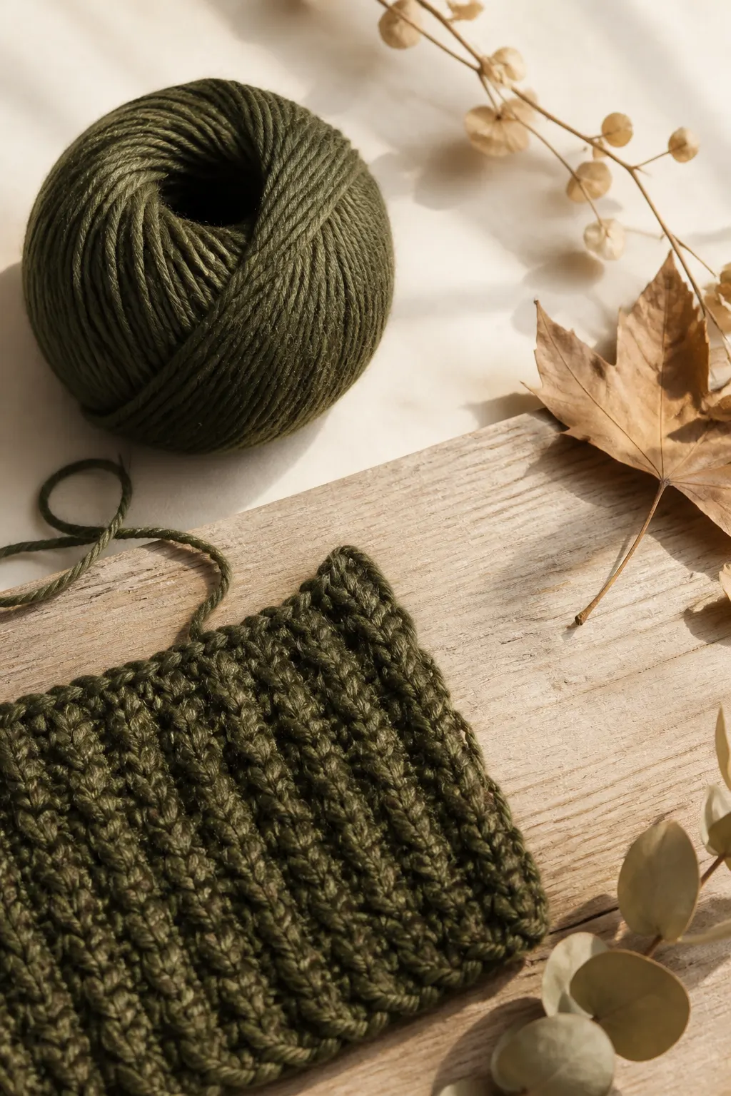Novelos verde-musgo, amostra de crochet e folhas secas sobre madeira clara.